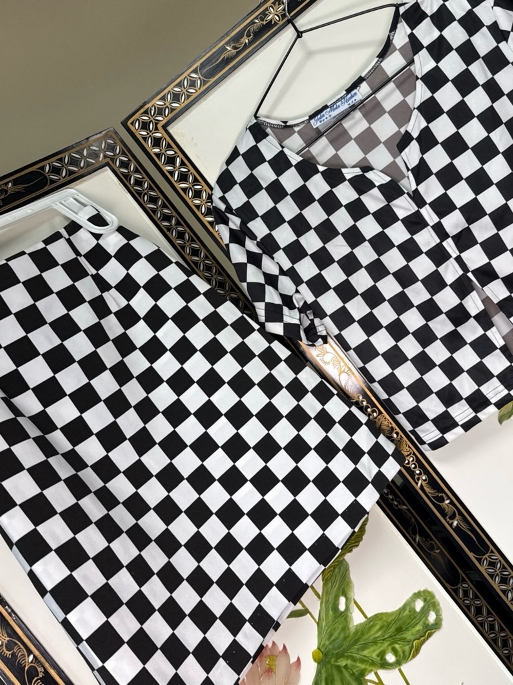 TWO (2) piece set Black & White Checkered Mini Skirt & Halter/Crop Top BOLD